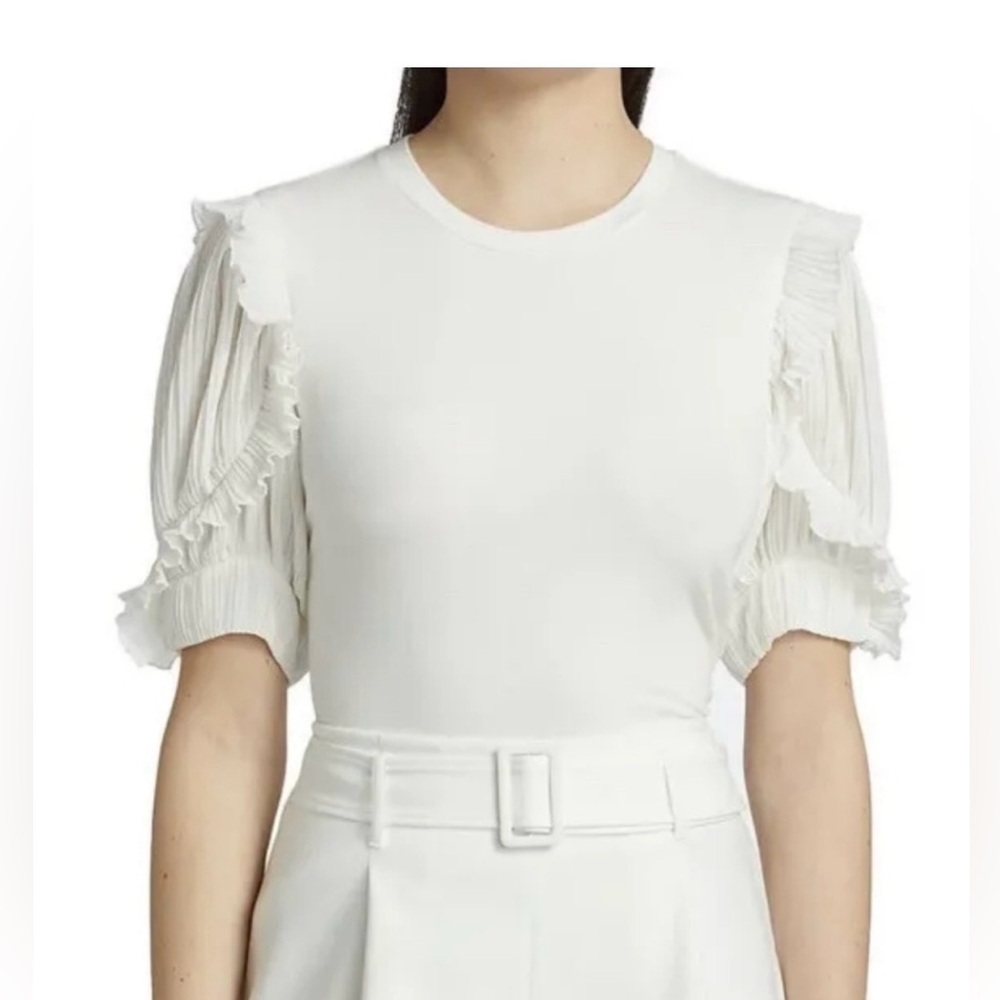 Elie Tahari White Ruffle Sleeve Blouse Pleated Sheer Sleeve Top Feminine Chic M